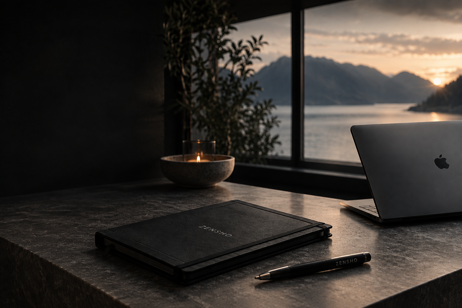 ZENSHO notebook and pen on a stone desk at sunset by a lake