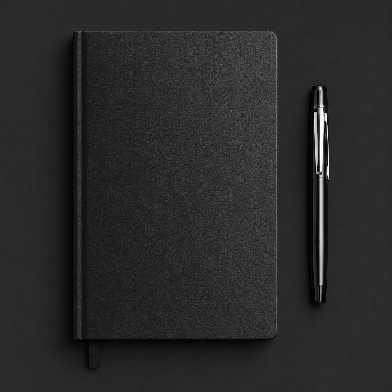 Matte black notebook and pen on a dark surface